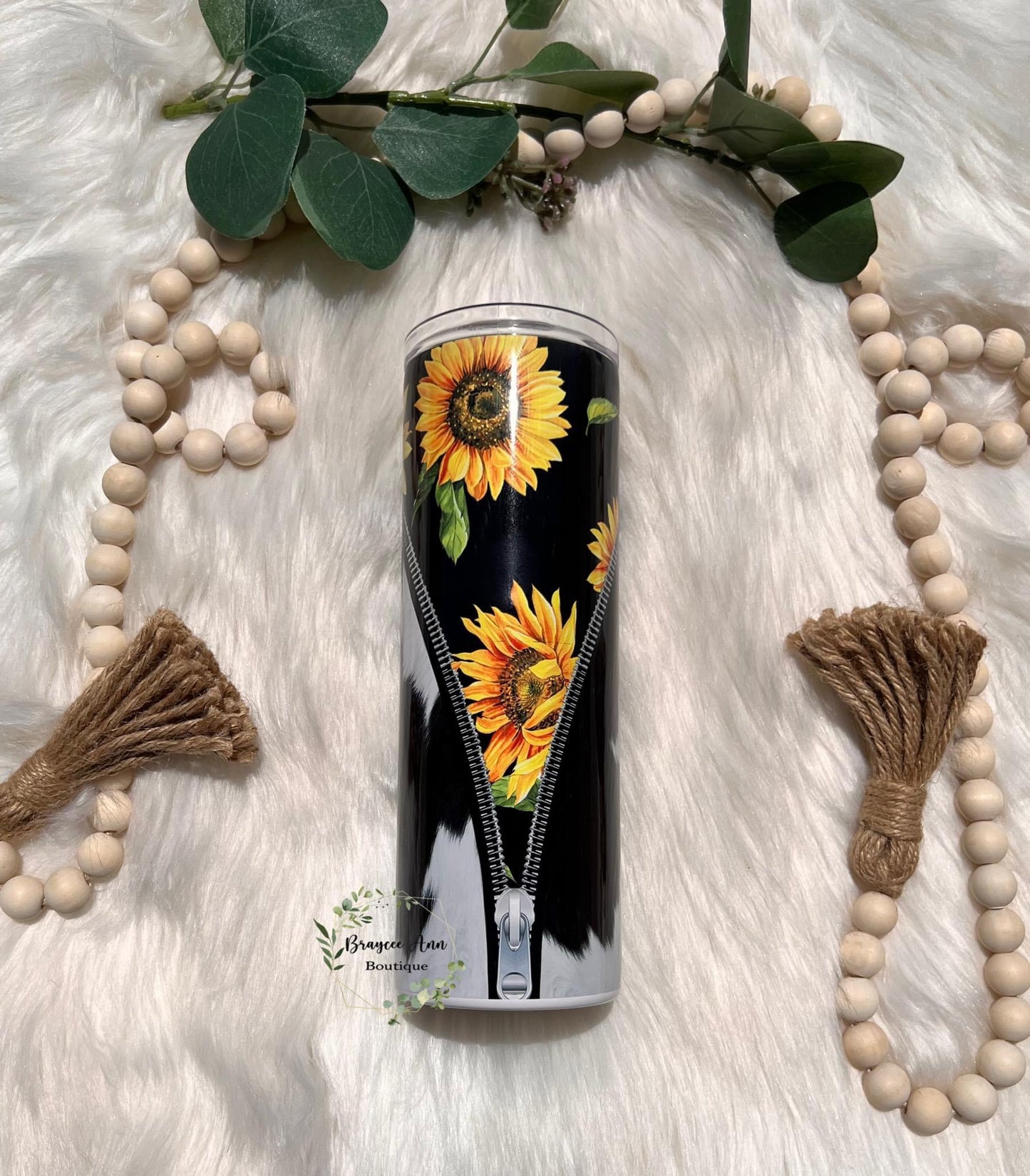 🌻 Cowhide/Sunflower Zipper Tumbler 🌻