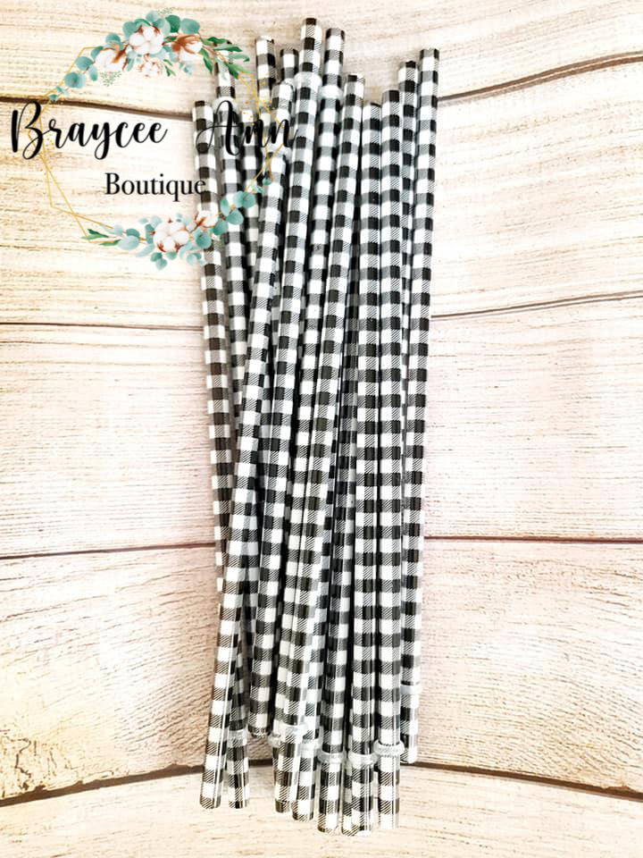 10” White Buffalo Plaid Straws