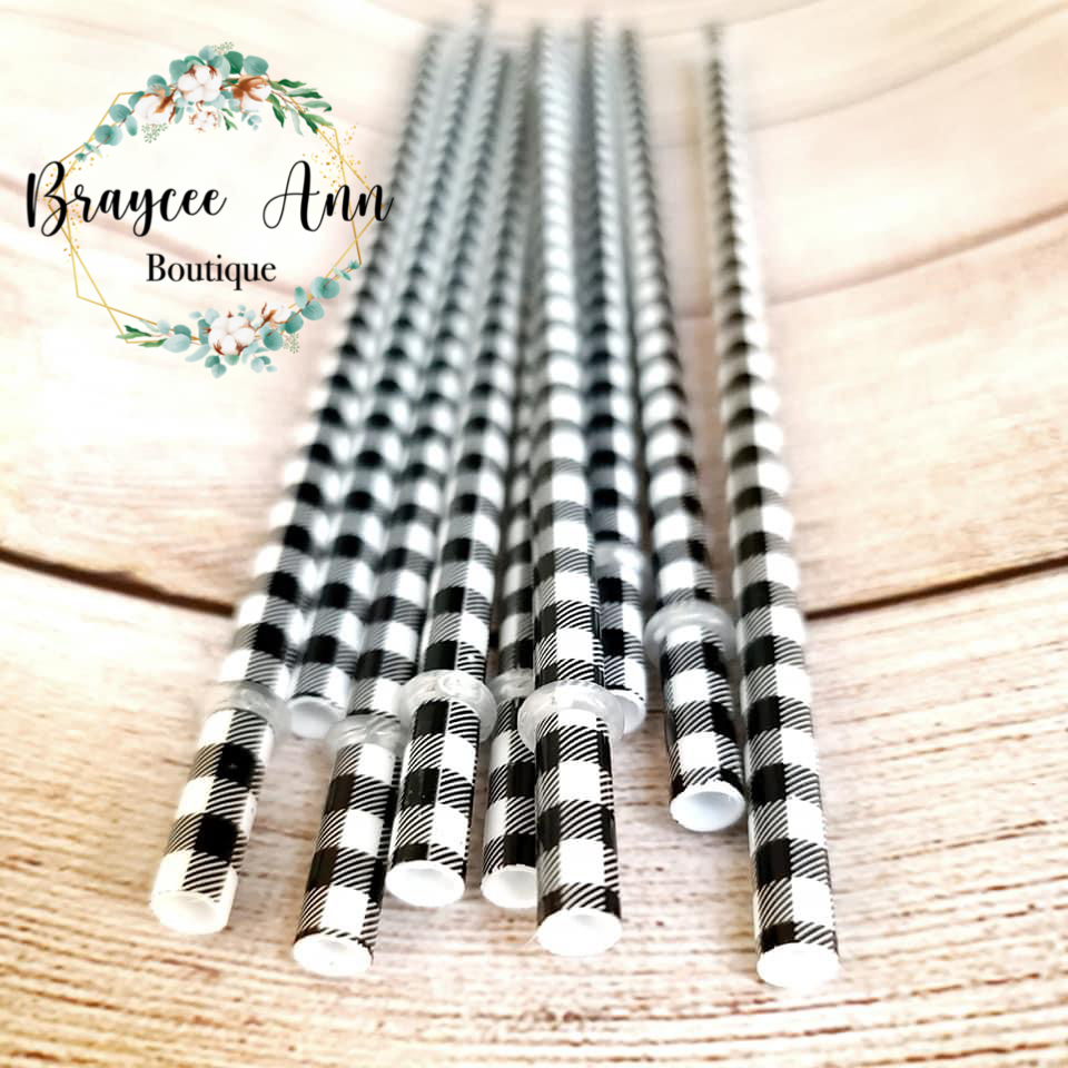 10” White Buffalo Plaid Straws