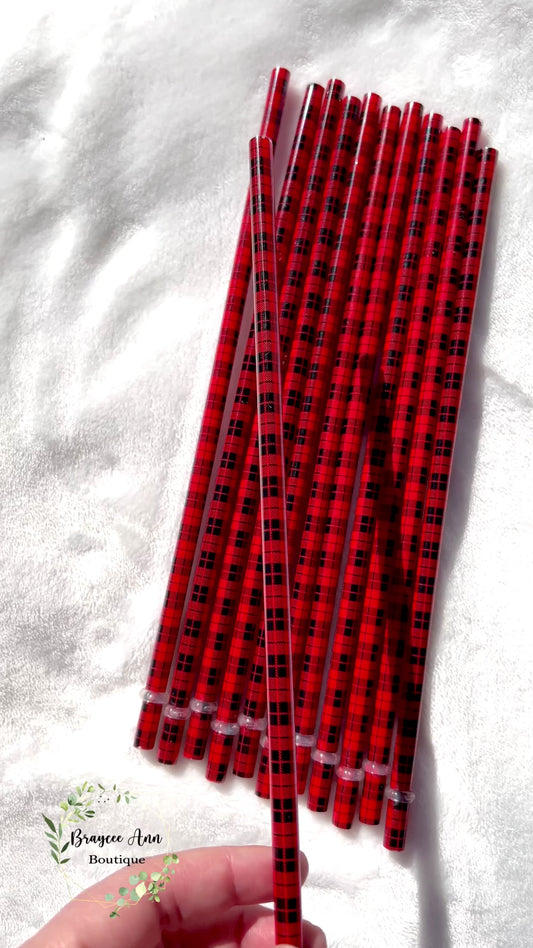 10” Red Plaid Straws